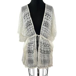 MICHAEL STARS Cream Short Sleeve Lace Tie Waist Crochet Swimsuit Coverup Top
